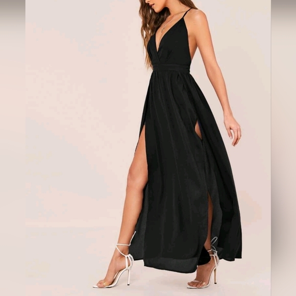 Dresses & Skirts - New Chic Dramatic Double Split Leg Halter Cami Dress Deep Plunge Black